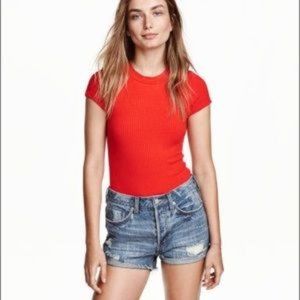 H & M Red Ribbed BodySuit XS Short Sleeve Cotton